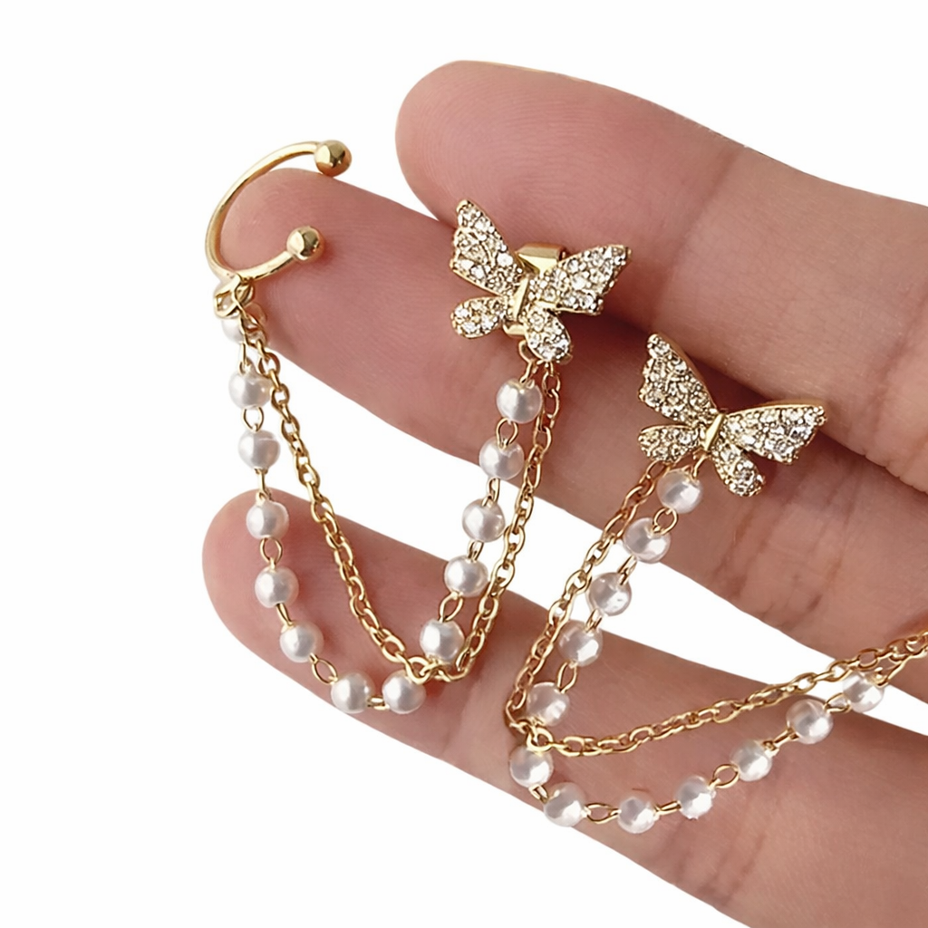 Gold Plated Butterfly Pearl Chain Earrings for Women