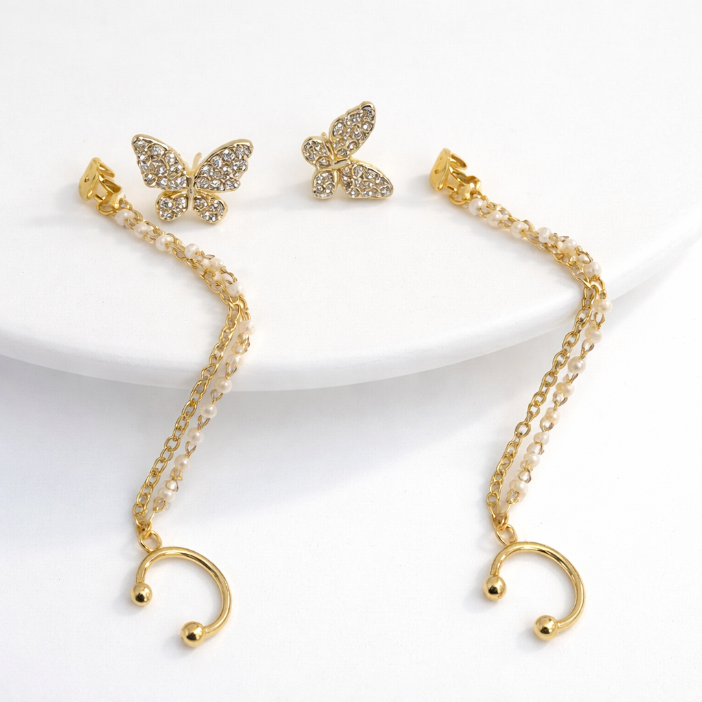 Gold Plated Butterfly Pearl Chain Earrings for Women
