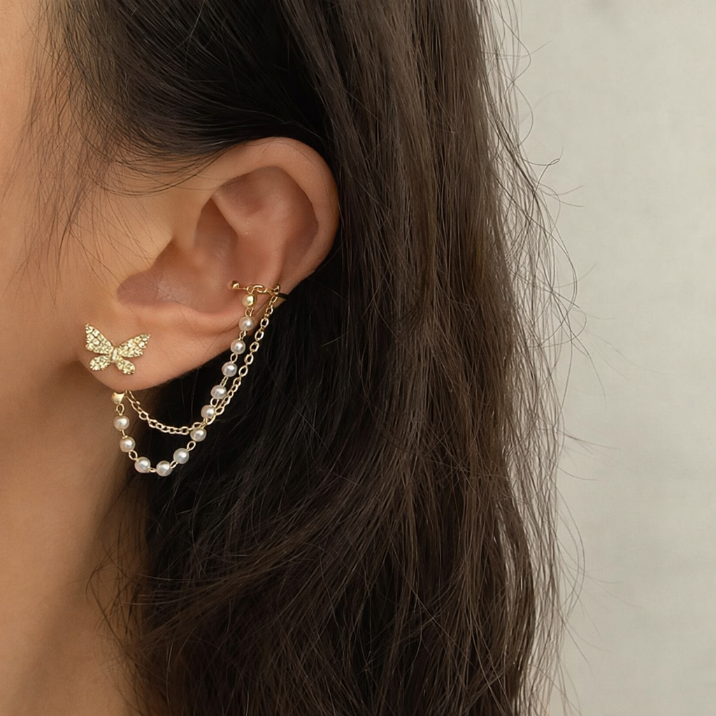 Gold Plated Butterfly Pearl Chain Earrings for Women