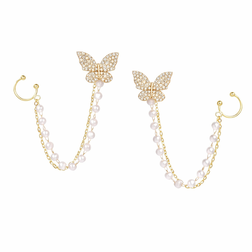 Gold Plated Butterfly Pearl Chain Earrings for Women
