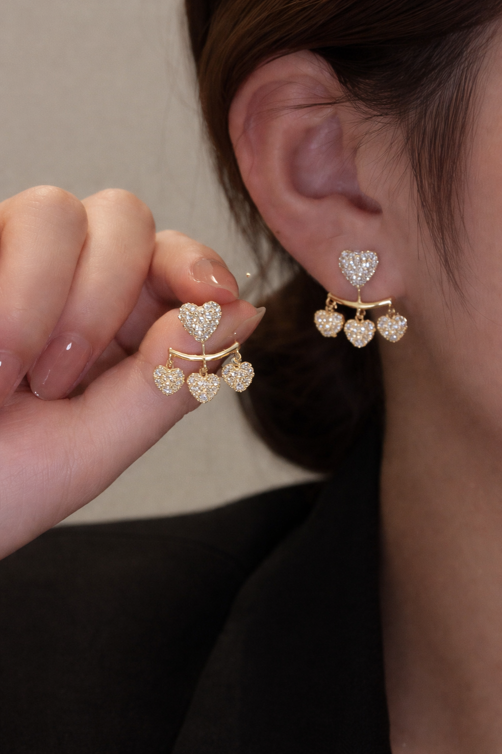 Korean Style Gold Plated Heart Shape CZ Stud Drop Earrings for Girls & Women