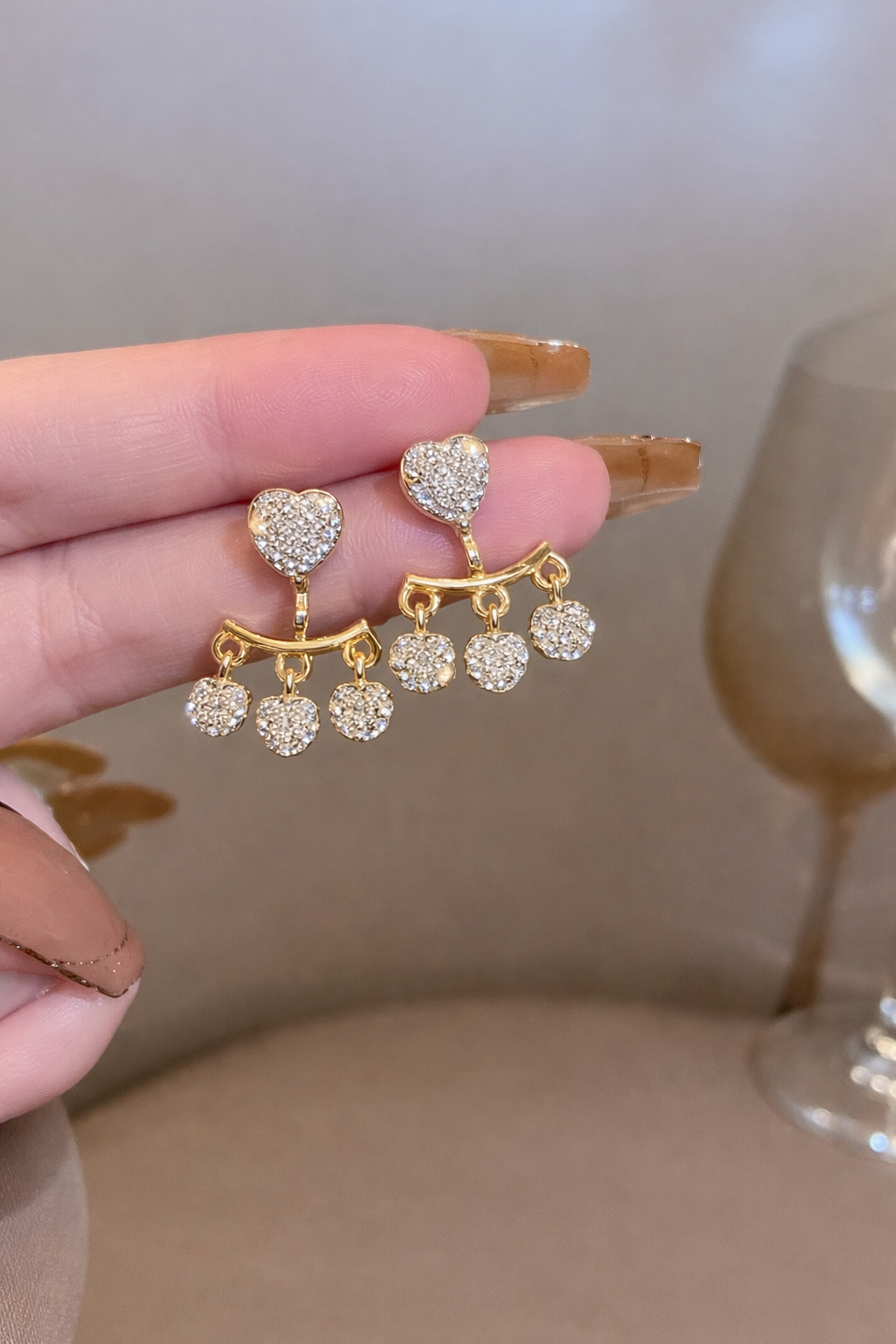 Korean Style Gold Plated Heart Shape CZ Stud Drop Earrings for Girls & Women