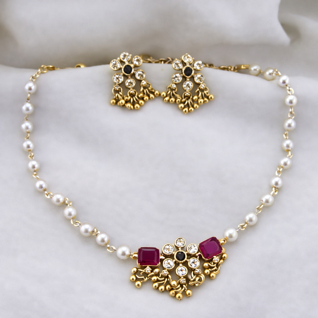 Gold Plated Green & Pink Diamond Combo Choker Jewellery Set for Women