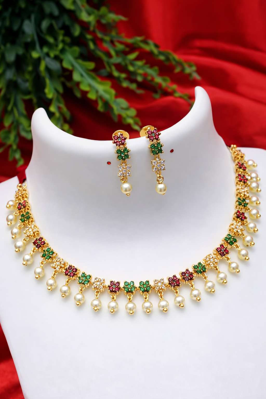 Fancy Diamond Matte Finish Gold Plated Diva Necklace Jewellery Set