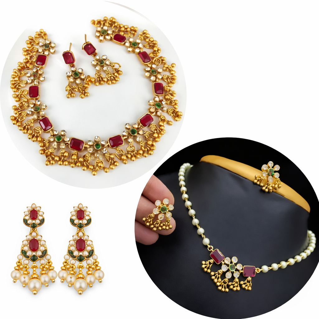 Gold Plated Green & Pink Diamond Combo Choker Jewellery Set for Women