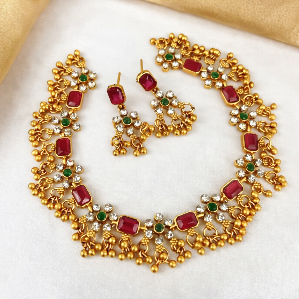 Gold Plated Green & Pink Diamond Combo Choker Jewellery Set for Women