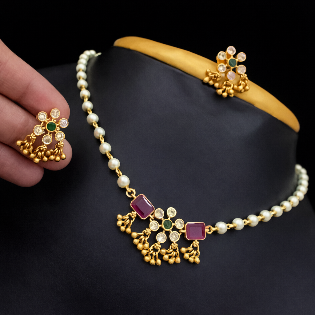 Gold Plated Green & Pink Diamond Combo Choker Jewellery Set for Women